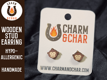 Monkey Wood Stud Earrings - Animal Fashion Earring - Stud Earring - Charm and Char